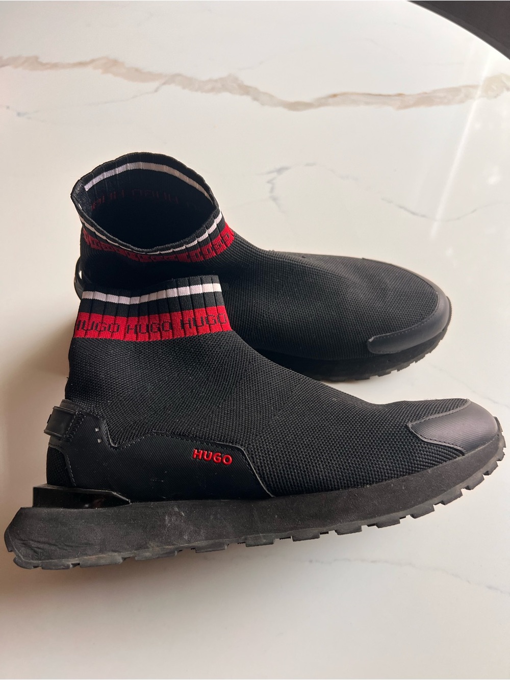 HUGO BOSS Black Knit Slip-On Sneakers with Red Trim